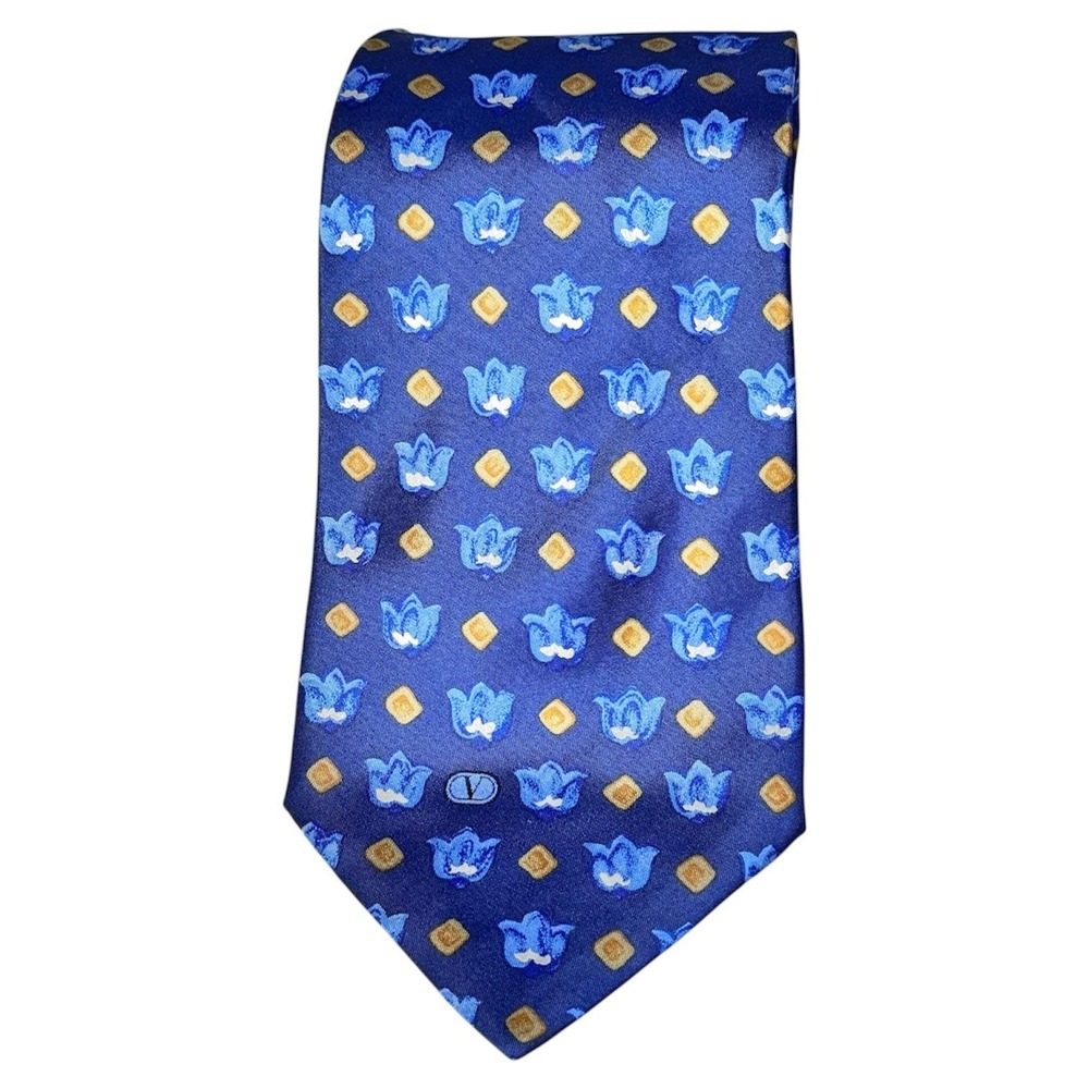 Valentino‎ Cravatte Men's Blue Tulip Silk Designer Necktie